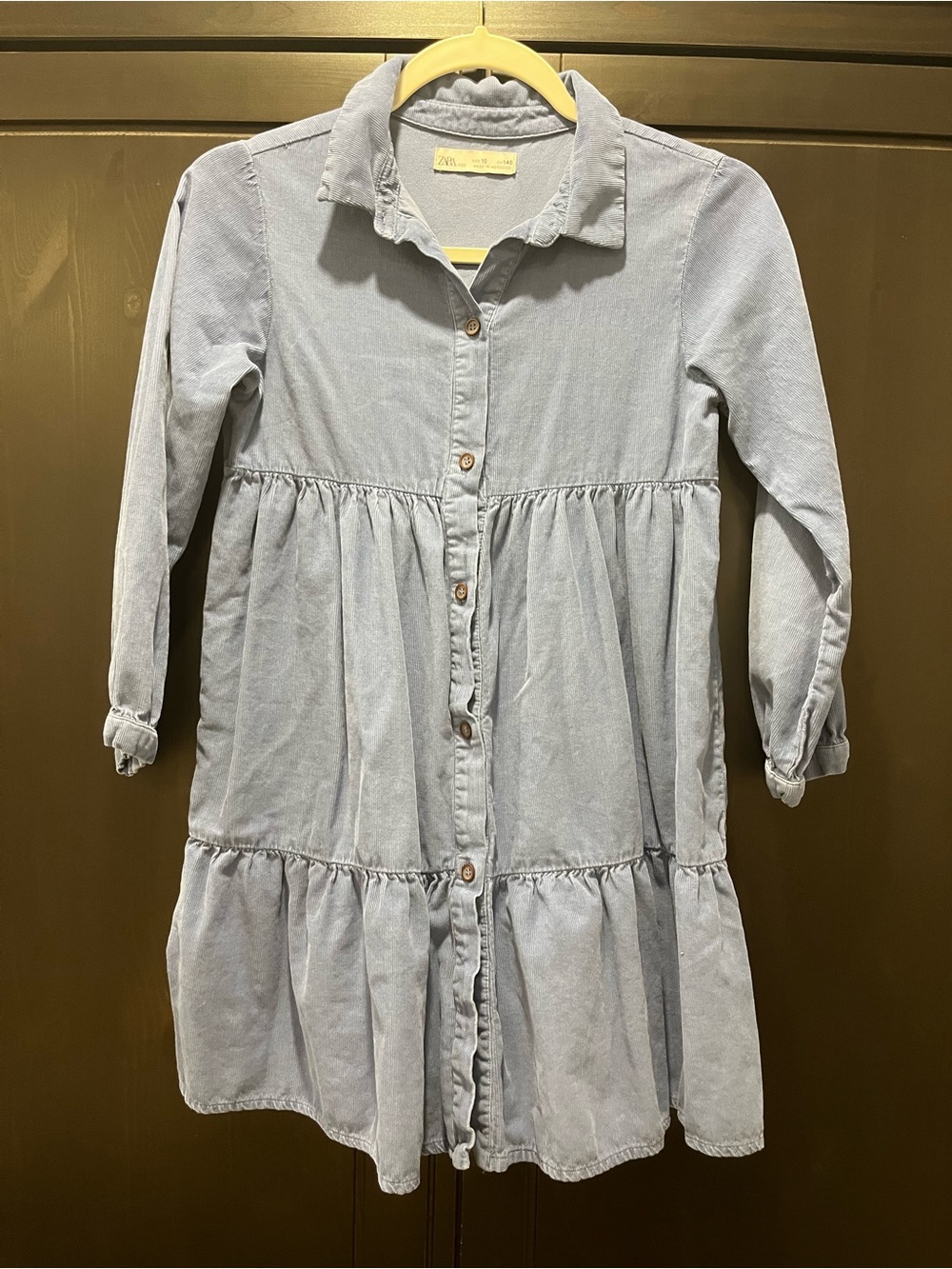 Zara Light Blue Button-Front Tiered Shirt Dress